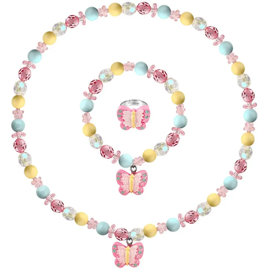 Msnailfly Butterfly Stretch Necklace Little Girl Toddler Necklace Bracelet Set, Little Princess Jewelry Kids Play Necklaces Butterfly Rings for Kids
