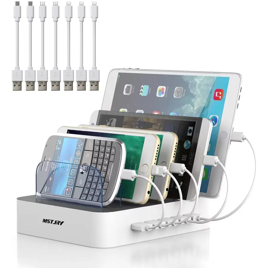 MSTJRY Charging Station for Multiple Devices : 5 Port Multi USB-A Charger Stations Multi-Device Organizer Charging Dock Designed for iPhone iPad Cell Phone Tablets (7 Short Cables Included)