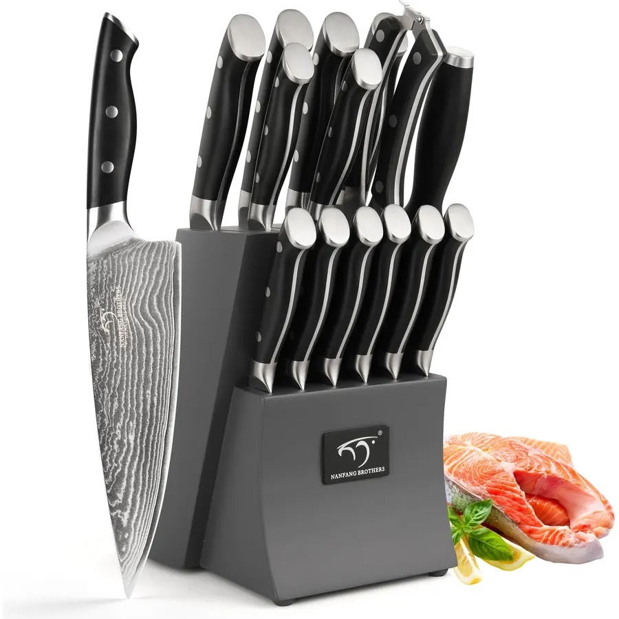 NANFANG BROTHERS 15PCS Damascus Chef Kitchen Knife Set with Block, Gray