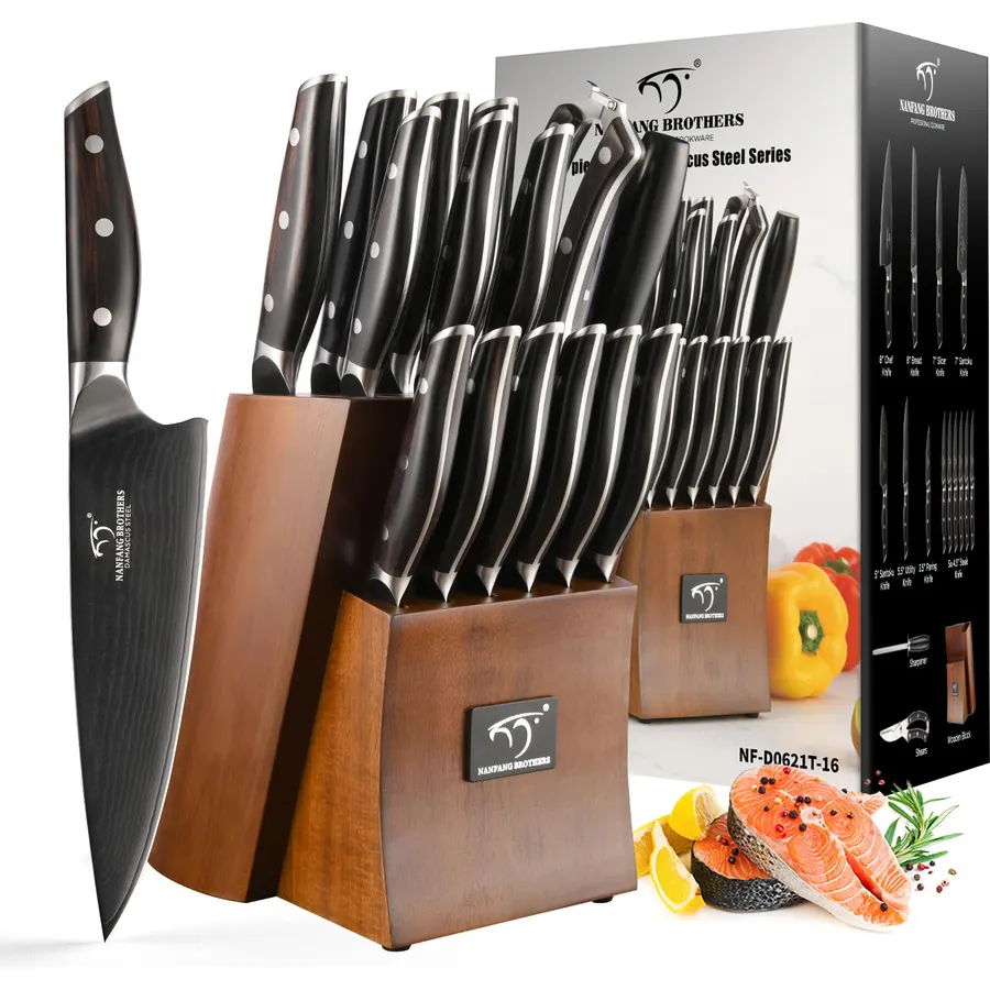 NANFANG BROTHERS 16-Piece Damascus Knife Set with Block, Ebony Wood Handle
