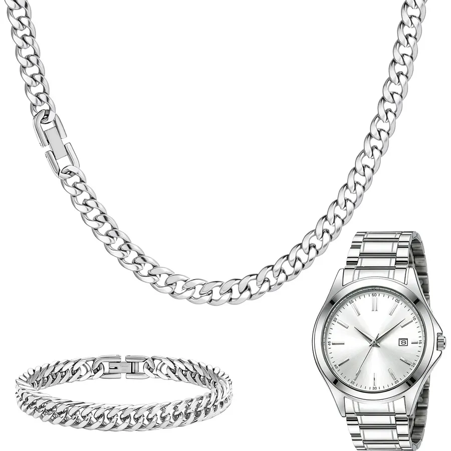 NEWITIN 4 Pieces Black Jewelry Set for Men Stainless Steel Watch Necklace Bracelet Ring Fashion Black Wristwatch Cuban Link Chain Cuban Jewelry Set for Men