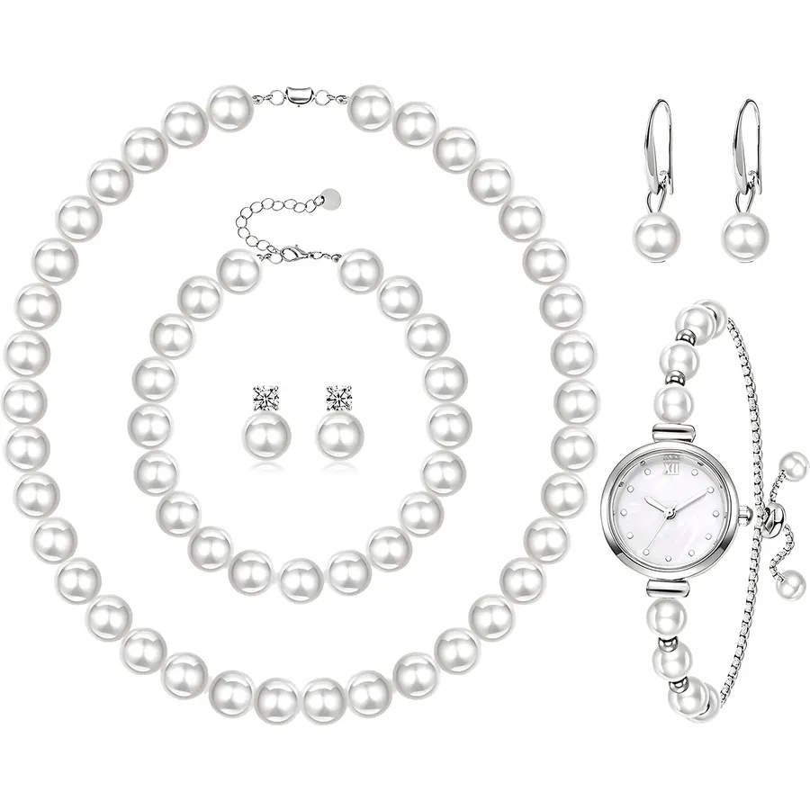 NEWITIN 5 Pieces Pearl Jewelry Set for Women Fashion Costume Watch Jewelry