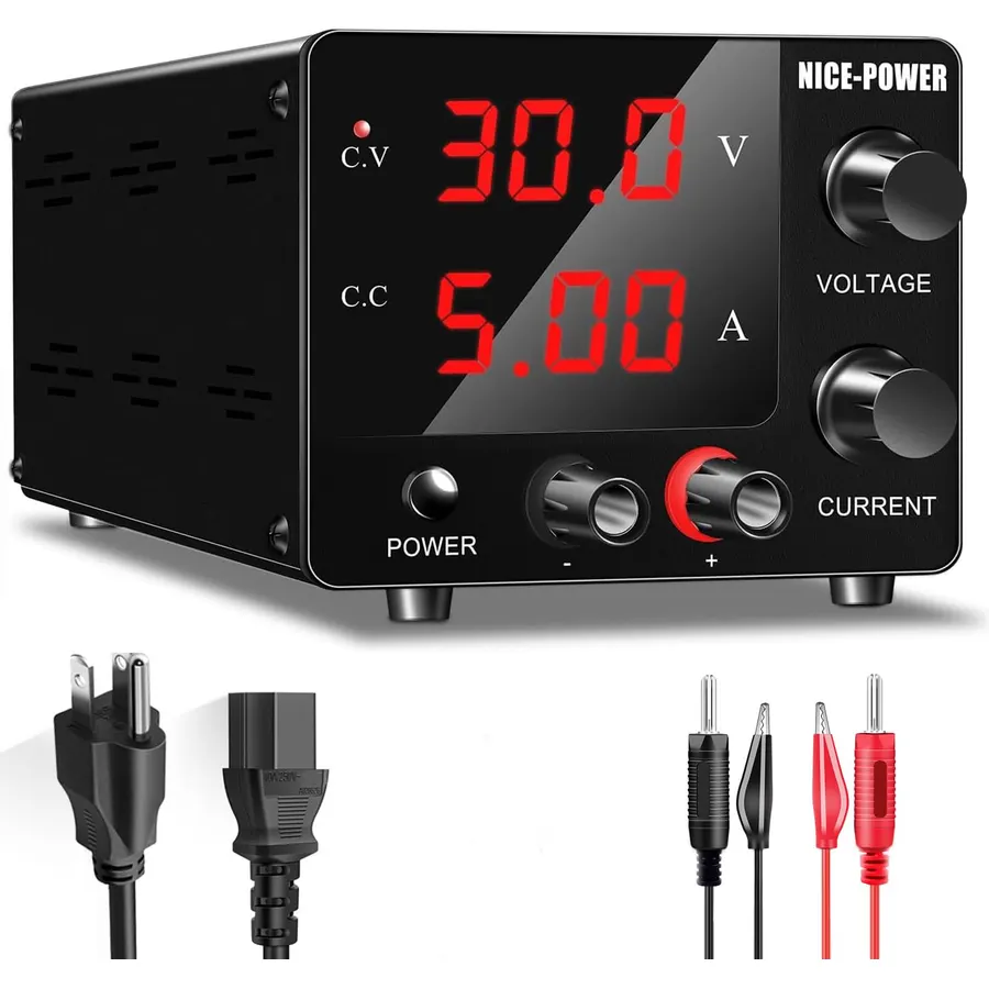 NICE-POWER DC Power Supply Variable, 30V 5A Adjustable Switching Regulated Power Supply with Encoder, Upgraded 3-Digits LED Display, Electroplating DIY LED Test Mini Regulated DC Bench Power Supply