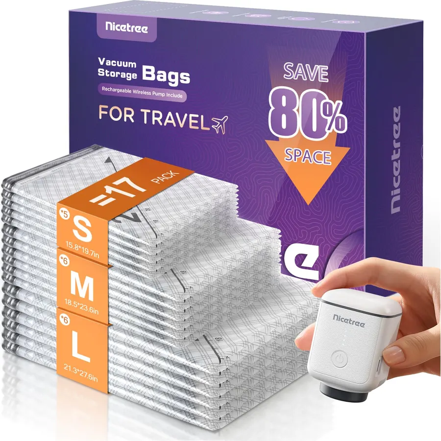 Nicetree 17-Pack Vacuum Bags for Travel with Rechargeable Pump, 3 Sizes