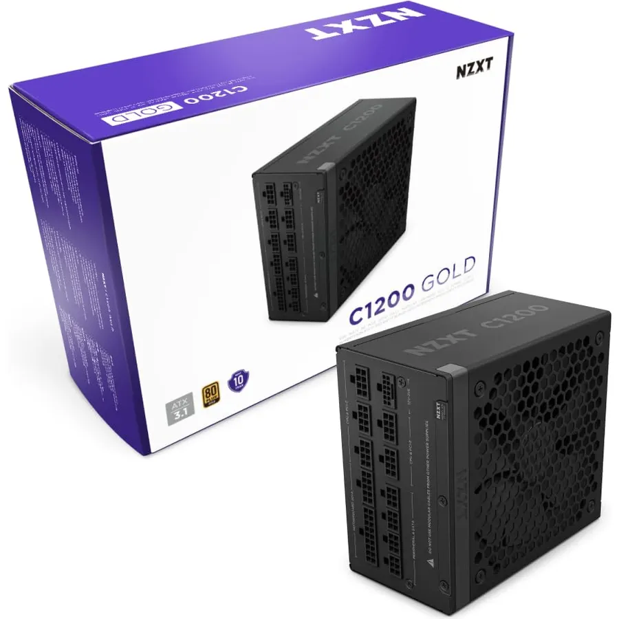 NZXT C1200 Gold ATX 3.1 - Fully Modular Low-Noise PC Gaming Power Supply - 1200 Watts - 80 Plus Gold - 12V-2x6 Connector - Zero Fan Mode - 100% Japanese Capacitors - Black