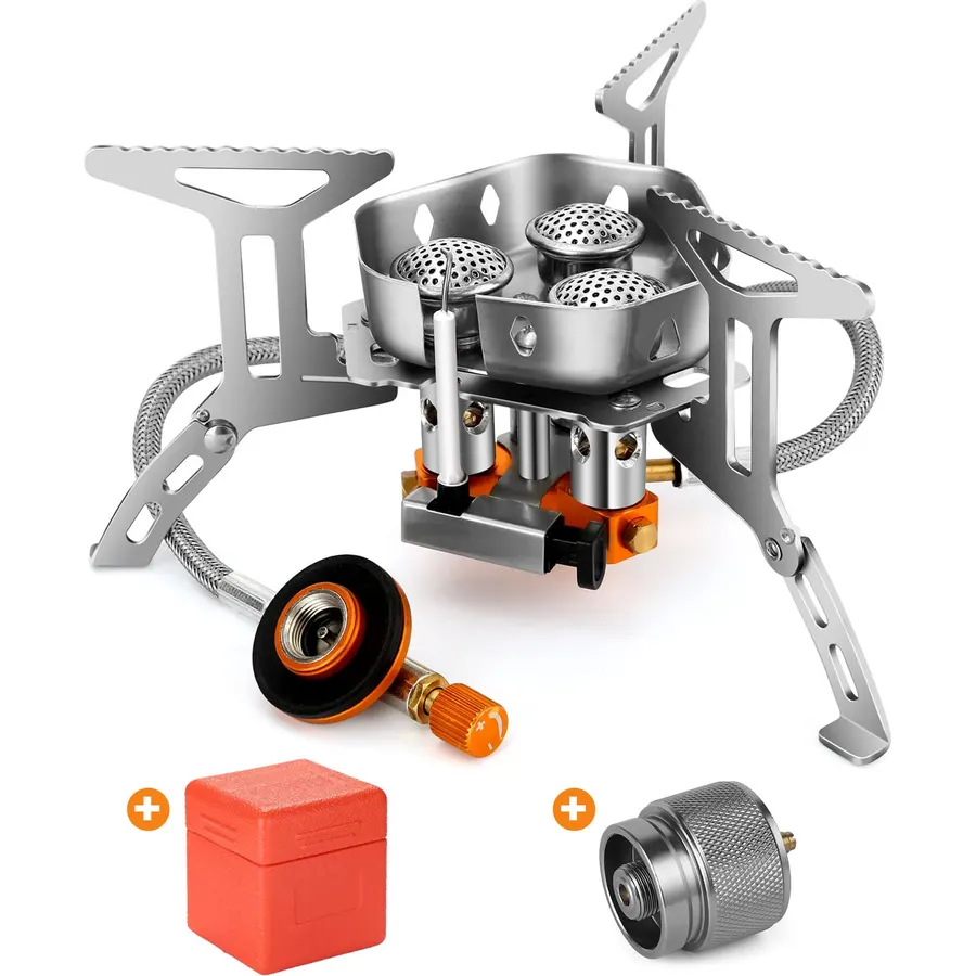Odoland 3500W/6800W Windproof Camp Stove Camping Gas Stove with Fuel Canister Adapter, Piezo Ignition, Carry Case, Portable Collapsible Stove Burner for Outdoor Backpacking Hiking and Picnic