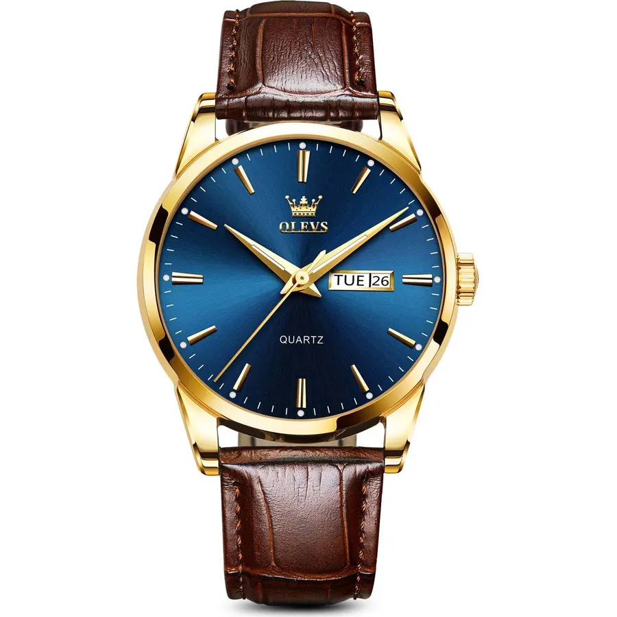 OLEVS Brown Mens Leather Watch Dress Casual Day Date Quartz Wrist Watch