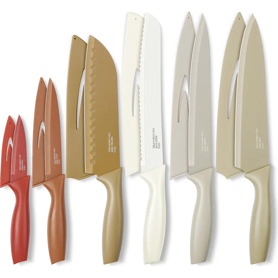 Onader 12 Pieces Kitchen Knife Set with Blade Guards, Stainless Steel Sharp Knife Set for Kitchen, Multicolor