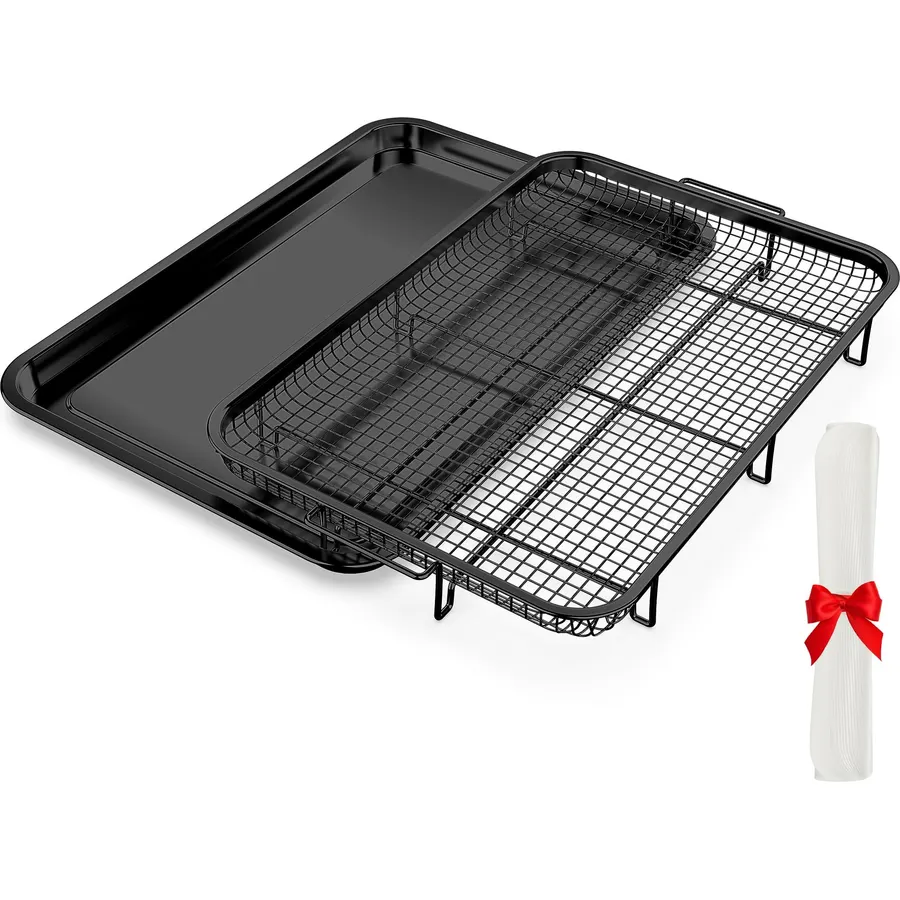OPENICE Large Air Fryer Basket for Oven with 30 PCS Parchment Paper, Black