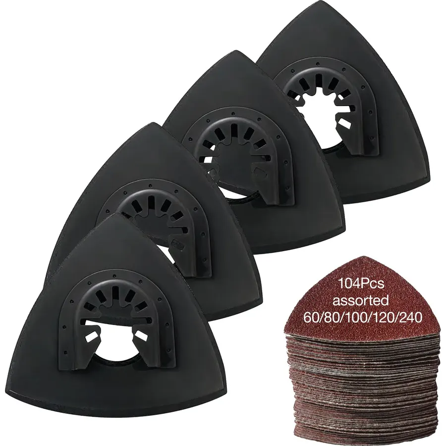 Oscillating Tool Sanding Pad kit 104pcs, 4-Piece 3-1/8 in Triangle Sanding Pad with 100pcs Sandpaper for Surface Sanding,Mechanical Maintenance Cleaning, polishing, deburring