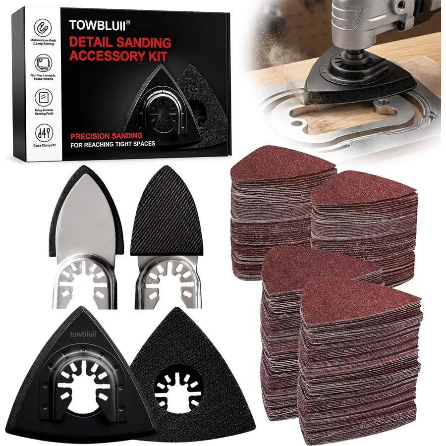 148Pcs Oscillating Tool Sanding Pad Kit with 2 Finger & 2 Triangle Pads, 140 Wet Dry Multi Tool Sandpaper 60-400 Grit for Corner Wood Metal Plaster