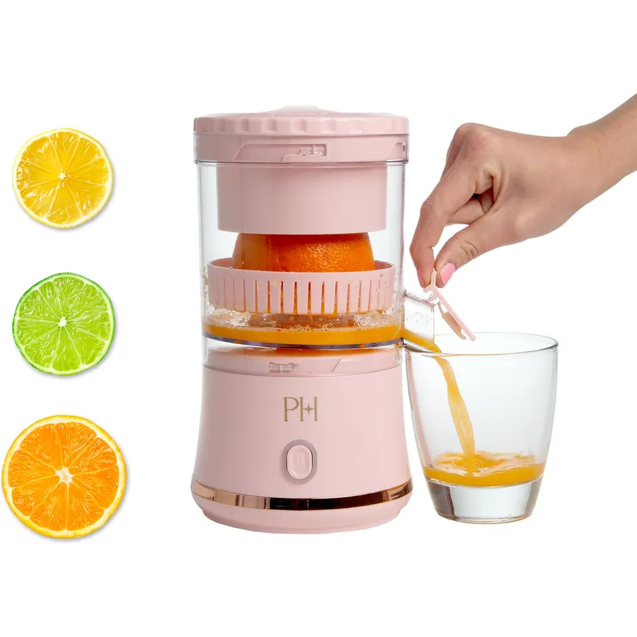 Paris Hilton Electric Citrus Juicer, Mini Portable Cordless Juicer with USB Rechargeable Base, One-Touch Button, Compact Lemon, Lime and Orange Juicer, Pink