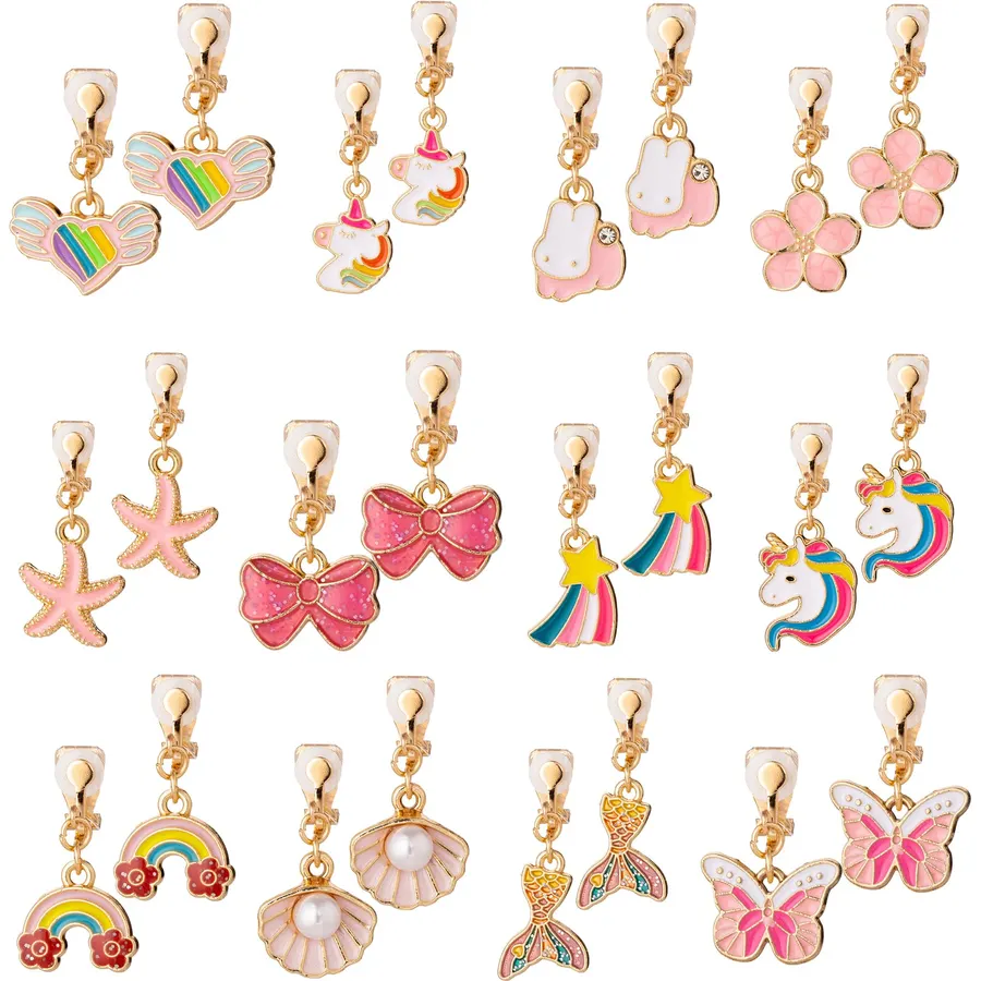 PASEMM 12 Pairs Kids Clip-on Earrings - Cute Unicorn Designs, Non-Pierced Dress Up Alloy Jewelry for 4-12 Year Old Girls Birthday Christmas Valentine's Day Holiday Gifts,Party favors Kids Toys