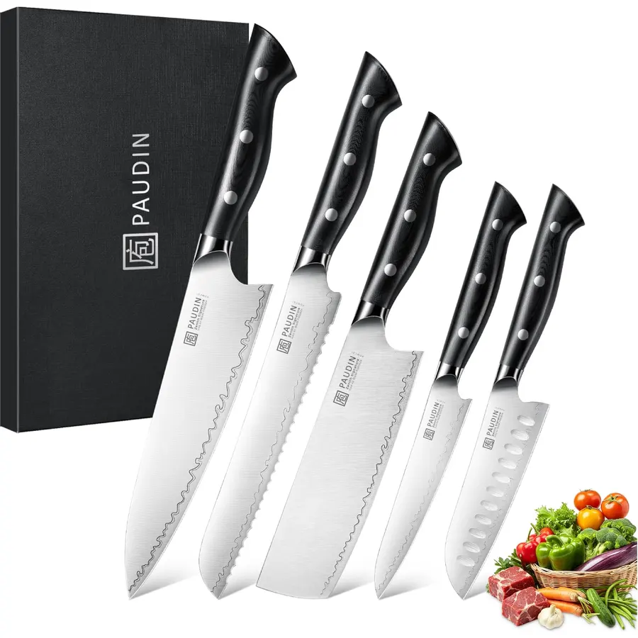 Brewin CHEFILOSOPHI Japanese Chef Knife Set 5 PCS with Elegant Red Pakkawood Handle Ergonomic Design,Professional Ultra Sharp Kitchen Knives for Cooking High Carbon Stainless Steel