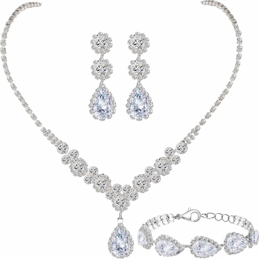 Paxuan Silver/Gold Plated Bridal Wedding Rhinestone Earrings Bracelet Set for Wedding Brides Bridesmaids Crystal Stone Dangle Drop Earrings Link Tennis Bracelet Set for Women Wedding
