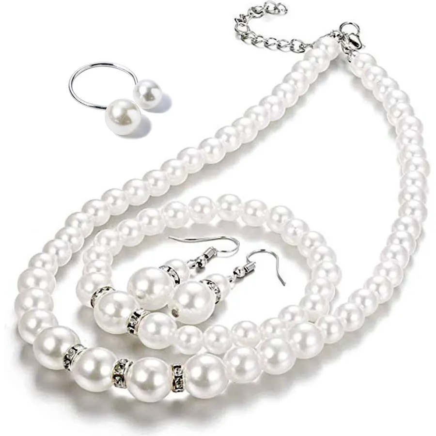 Pearl Jewelry Set, 4 PCS Jewelry Necklaces Hoop Earring Bracelet