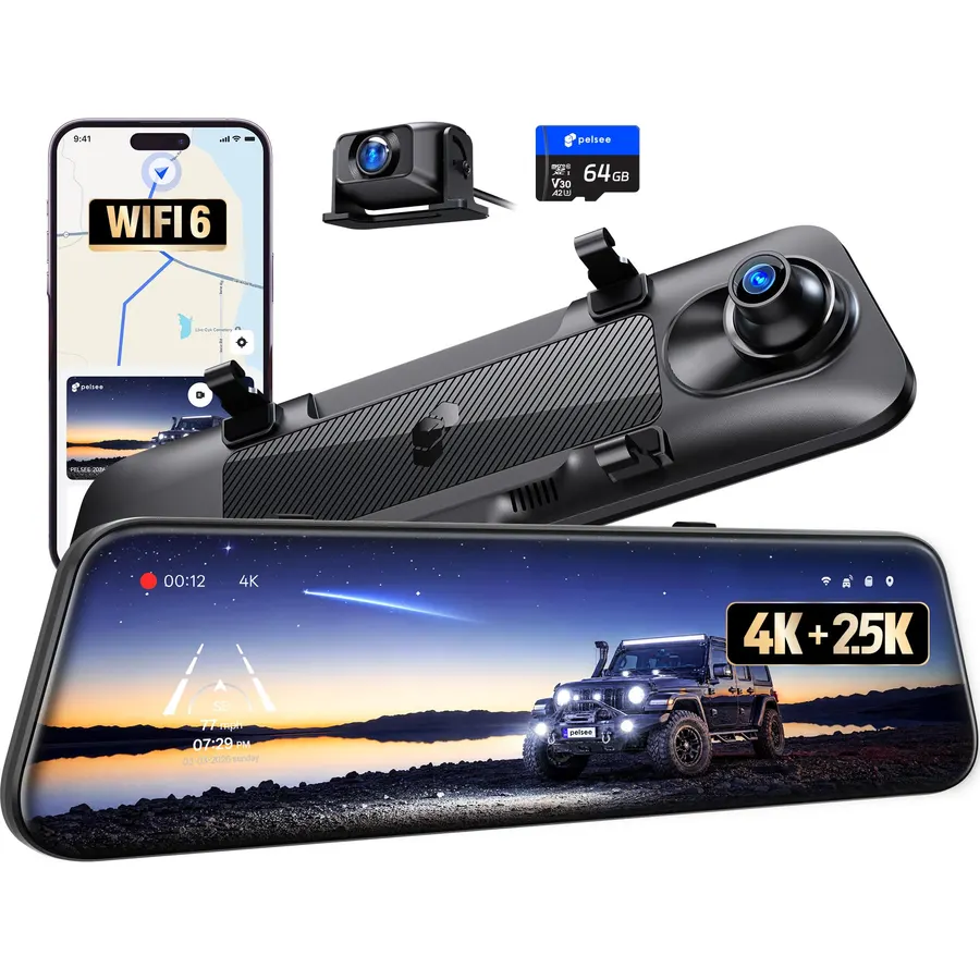 Pelsee S12 Native 4K + 2.5K Mirror Dash Cam, 64GB Card Included, GPS
