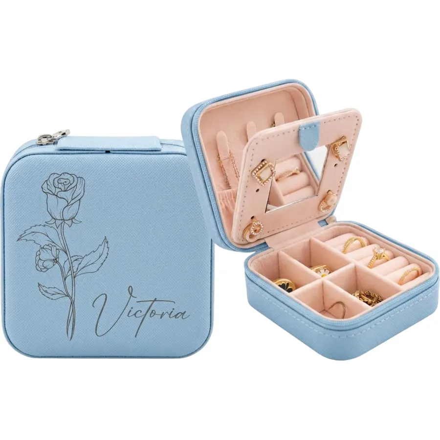 Personalized Jewelry Box for Women – Custom Travel Case for Rings, Earrings, Necklaces – Gift for Bridesmaid, Daughter, Mom, Teacher, Friends, Wedding (Ice Blue)