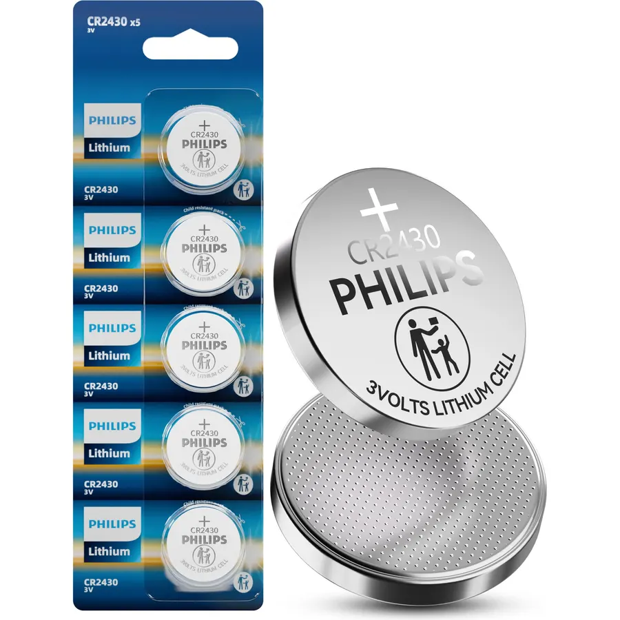 PHILIPS 3V Lithium CR2430 Coin Cell Battery 5 Count, Long-Lasting 10-Year Storage, Stable Voltage Output, Child Safe Blister Pack for Remotes, Scales and Household Devices