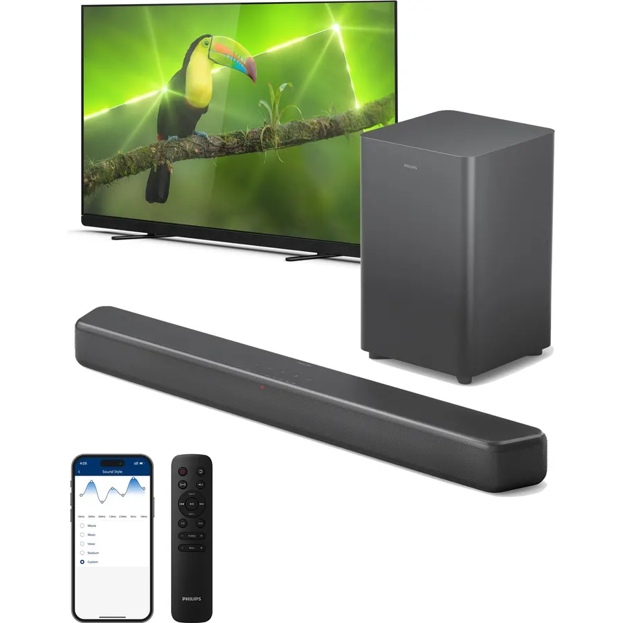 Philips B5309 2.1 Channel Soundbar with Wireless Subwoofer - Bluetooth, HDMI ARC, DTS Virtual:X, 240W Max Power, Dark Grey