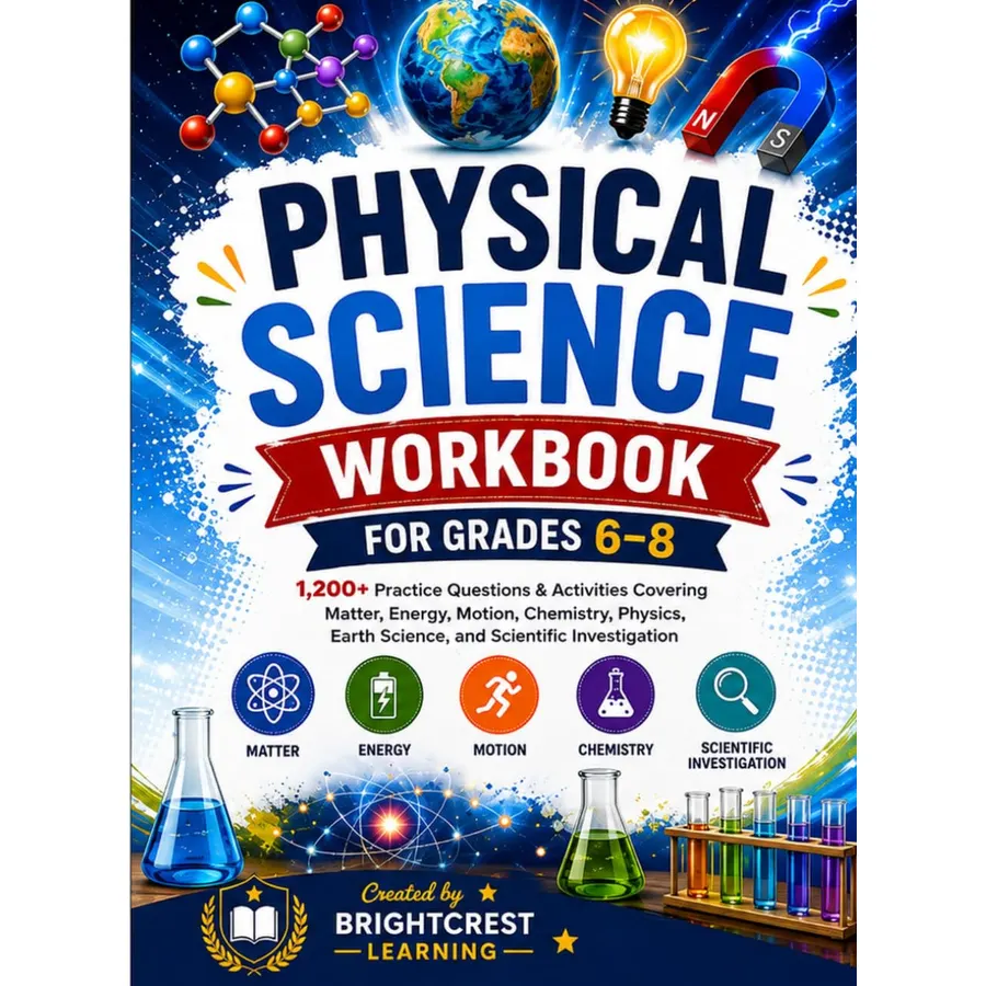 Physical Science Workbook for Grades 6-8: 1,200+ Practice Questions & Activities Covering Matter, Energy, Motion, Chemistry, Physics, Earth Science, ... Investigation (Brightcrest Learning Series)