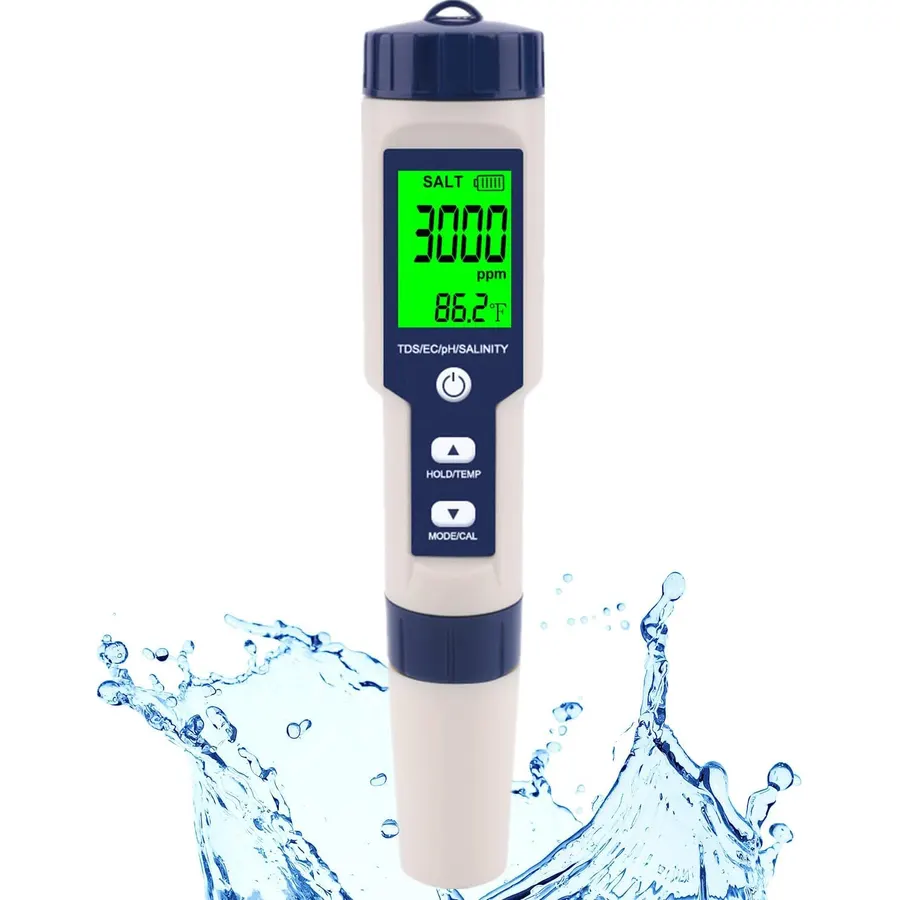 Pool Salt Tester & PH Meter, Digital Water Quality Tester for Salinity, TDS, EC and Temperature, 5-in-1 Water Test Pen with Backlit LCD for Pools, Spas, Aquariums, Hydroponics & Drinking Water