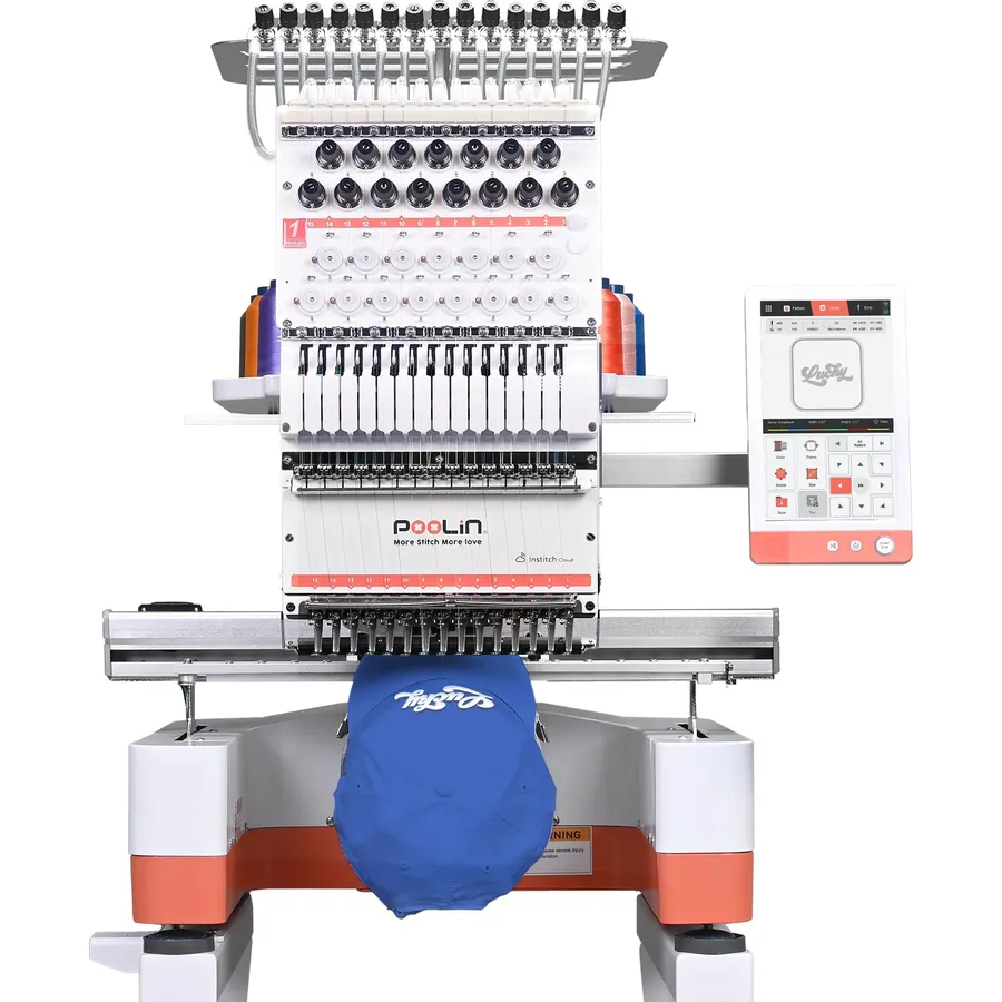 Poolin EOM 15-Needle Embroidery Machine | Starter Plus Bundle – Includes 40 Thread Kit, 144pcs Bobbins, Cut Away & Tear Away Stabilizers, Tool Set