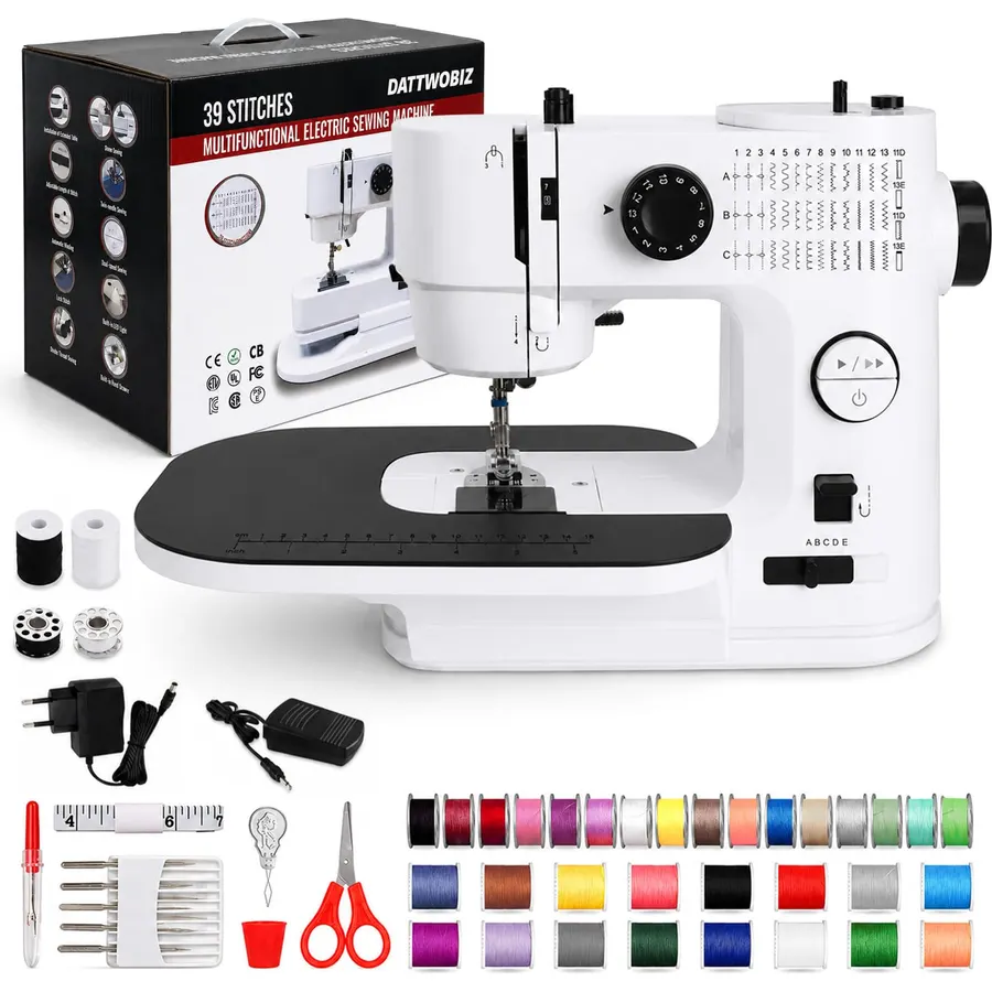 Portable Sewing Machine with 39 Built-in Stitches, 2-Speed Control, Foot Pedal, Extension Table, Thread Cutter, Reverse Stitch, Buttonhole & Sleeve Sewing for Beginners, Home DIY (White)