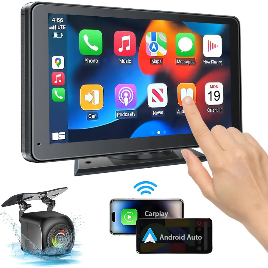 Portable Wireless with Apple CarPlay and Android Auto Screen for Car, 7" HD Touch Screen Car Stereo with Mirror Link, Bluetooth 5.2, Backup Camera, AUX,FM Transmitter for All Vehicle