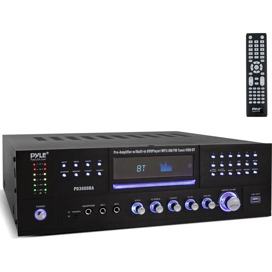 Pyle 4 Channel Bluetooth Home Amplifier - Front Loading DVD/CD Player - 3000W Peak Stereo Receiver - 2 Mic Inputs w/ Echo, FM Radio,Optical In,USB,RCA,Composite, LED Level Meter, Rack Mount - PD3000BA