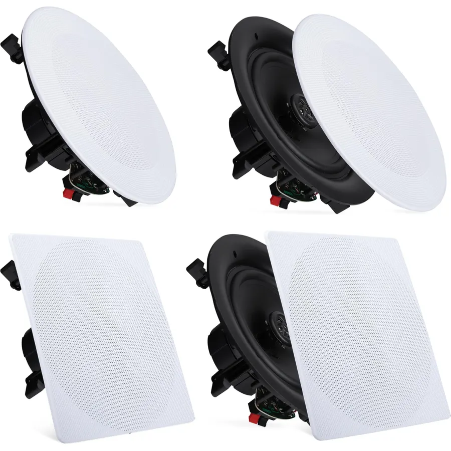 Pyle 8” 4 Bluetooth Flush Mount - In-wall In-ceiling 2-Way Speaker System Quick Connections Changeable Round/Square Grill Polypropylene Cone & Tweeter Stereo Sound 4 Ch Amplifier 250 Watt - PDICBT286