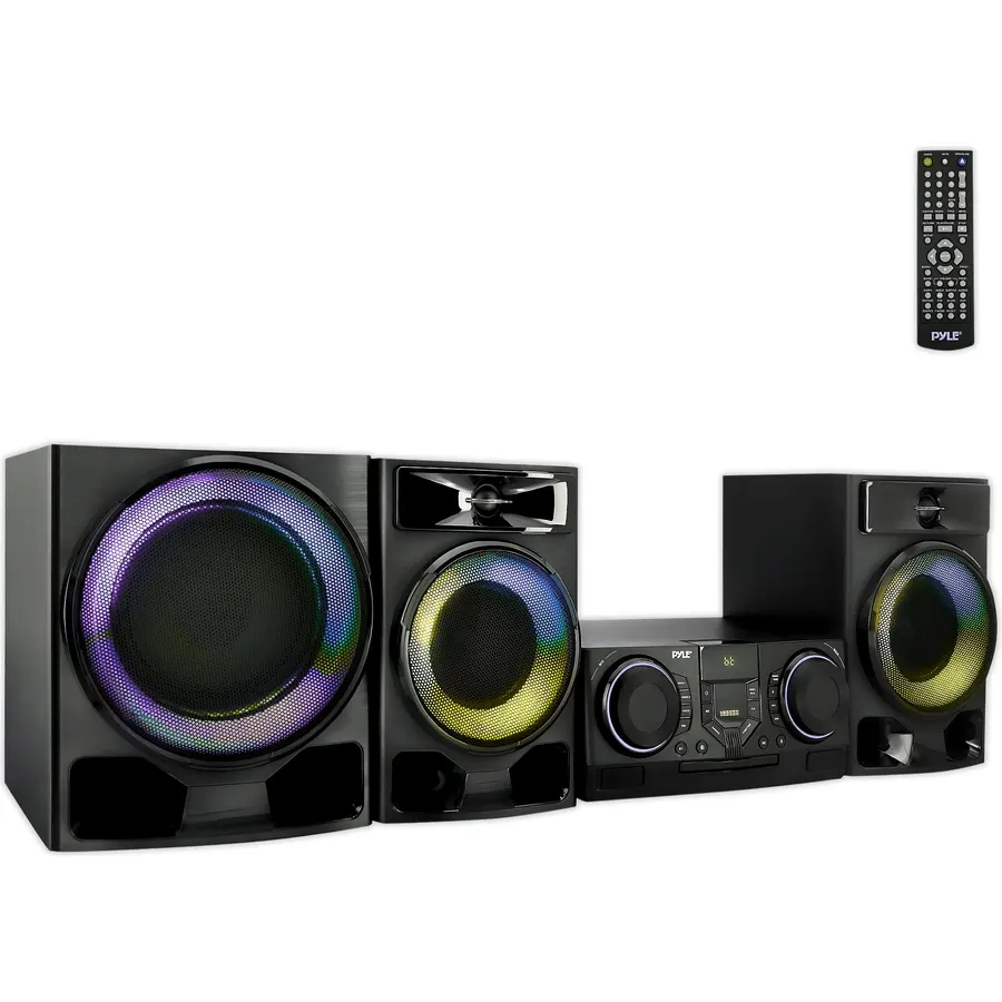 Pyle Mini Hi-Fi Bluetooth Stereo System – 4-Piece CD Player with Speakers, MP3, FM Radio, USB Recording, Subwoofer, DSP-Tech, Equalizer Settings, Compact Home Stereo System with Remote Control (Black)