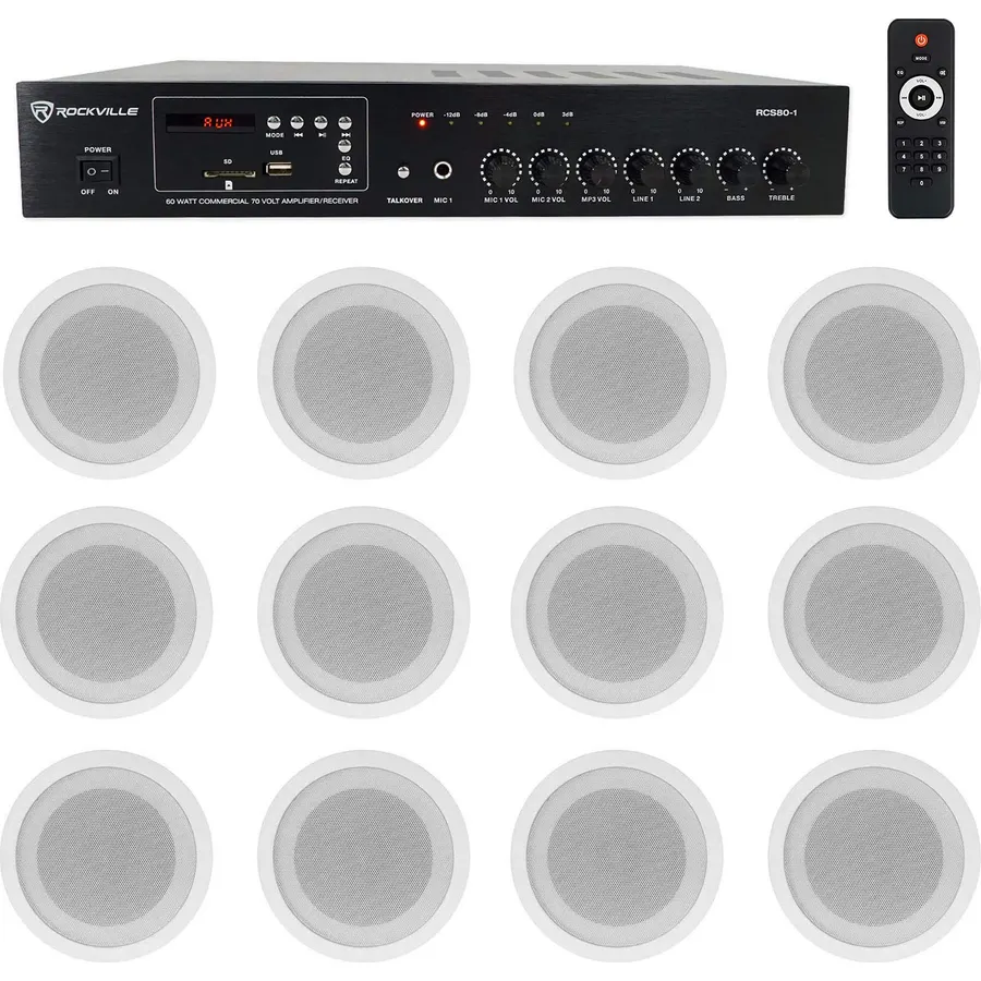 Rockville RCS80-1 Amp with 12 CCL5T White Ceiling Speakers for Restaurant