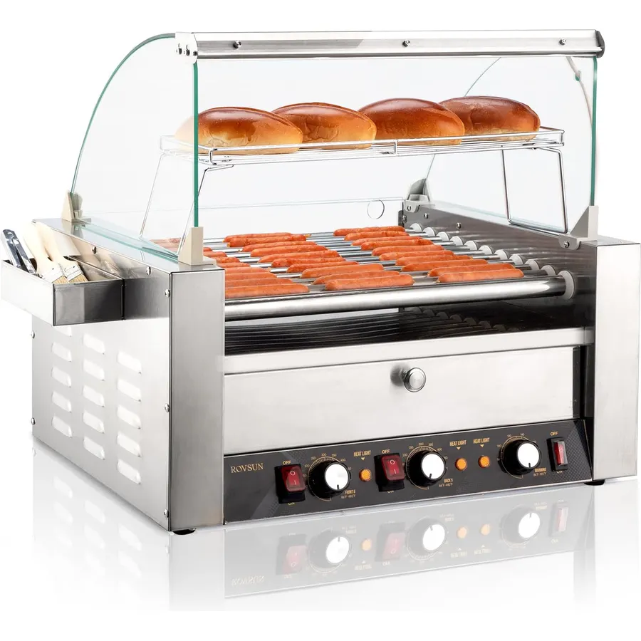 ROVSUN 18 Hot Dog 7 Roller, Hot Dog Roller Warmer Grill Cooker Machine w/Bun Warmer, Cover, Dual Temp Control, LED Light, Removable Shelf & Drip Tray for Party Home Commercial 1200W ETL Certified
