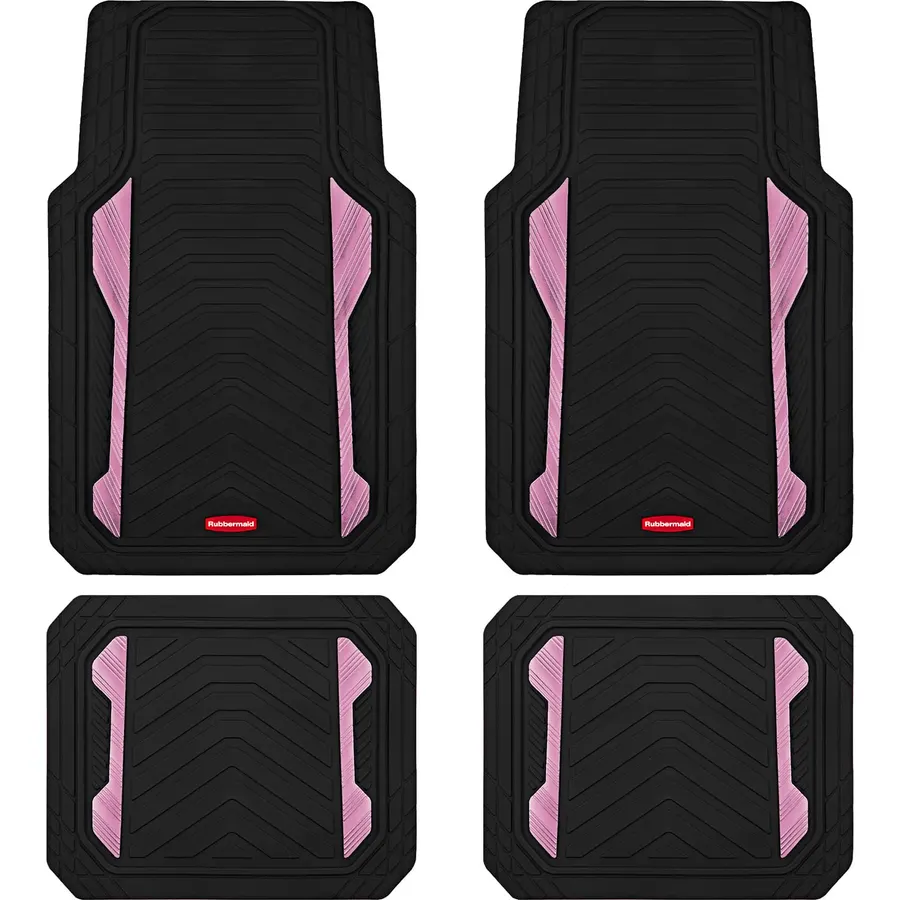 Rubbermaid Car Floor Mat, Heavy Duty All-Weather Car Mats Full Set with Dual-Tone Pink Aluminum Inserts – Universal Fit, Anti-Slip Backing, Trim-to-Fit for Most SUV, Sedan, Van