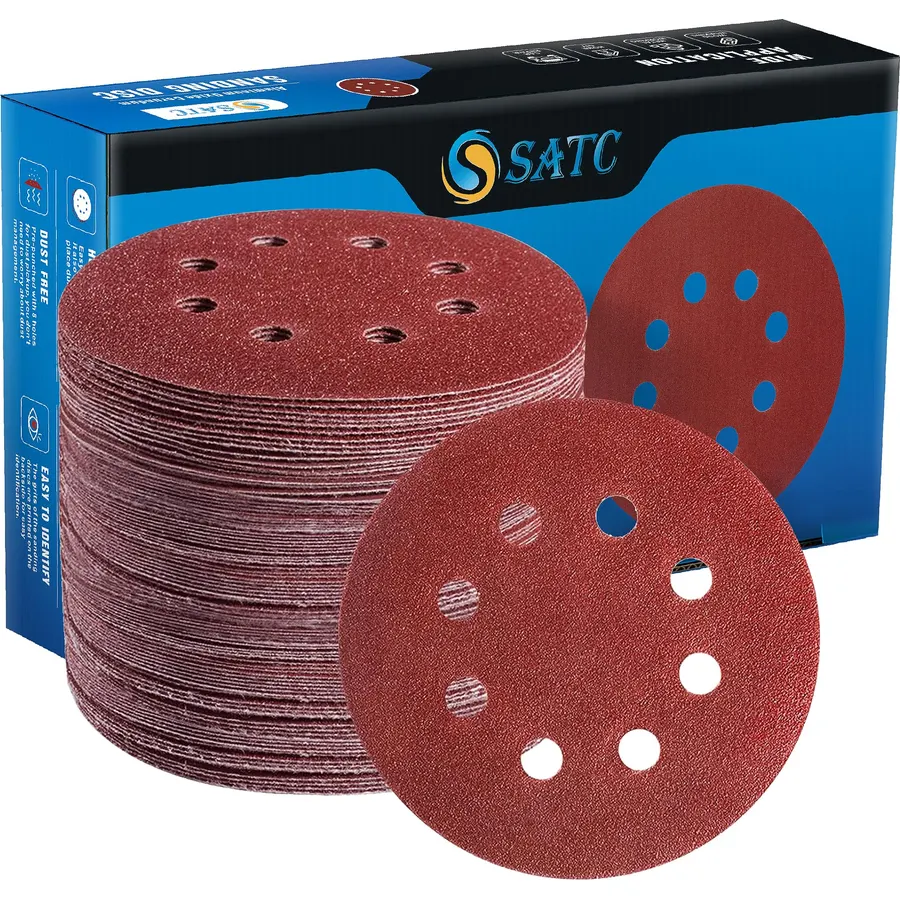 S SATC 72 PCS 5 Inch 8 Hole Hook and Loop Adhesive Sanding Discs Sandpaper for Random Orbital Sander
