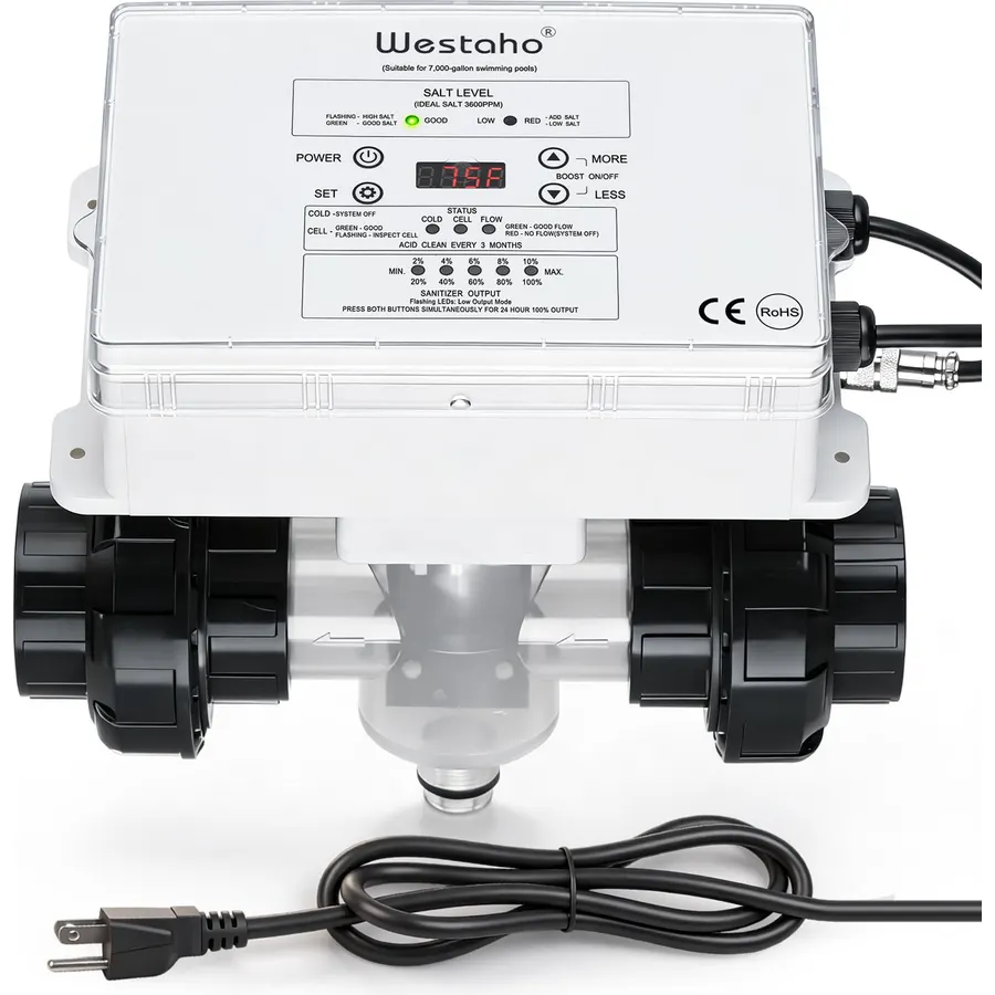 Saltwater Pool System - Westaho Salt Chlorine Generator with USA Titanium Cell & Waterproof Control Panel, for Above Ground Pools up to 15,000 Gallons, Compatible with Intex Pool