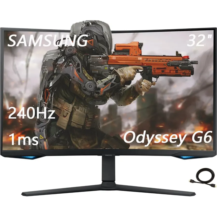 Samsung 32-Inch Odyssey G65B Curved Gaming Monitor, QHD 2560 x 1440, 240Hz, 1ms, Smart TV Apps & Gaming Hub, Swivel/Tilt Adjustable Stand, HDMI Cable, Black