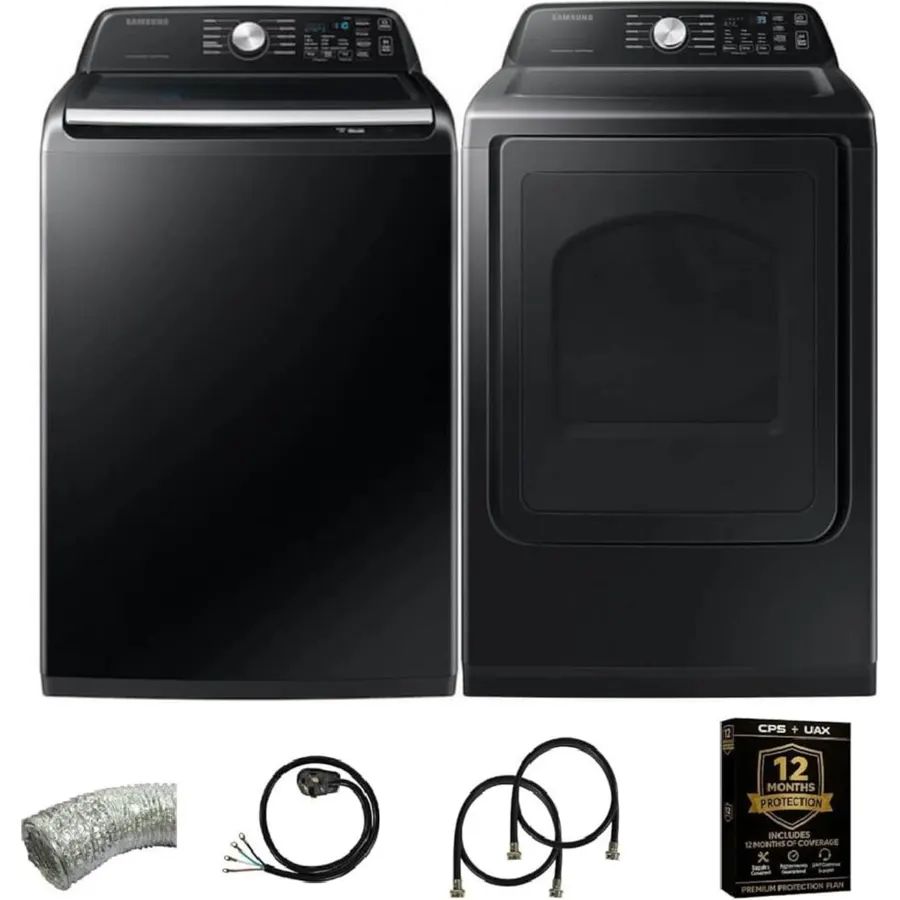 Samsung Black Top Load Smart 4.7 Cu. Ft. Washer/7.4 Cu. Ft. Electric Dryer Laundry Pair Dryer Vent Power Cable Water Hoses 1 Year CPS Protection Plan