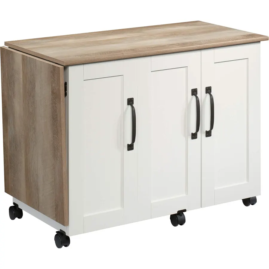 Sauder Miscellaneous Storage Sewing Cart, Drop-Leaf Craft Table, Sewing Table with Storage - Soft White Finish
