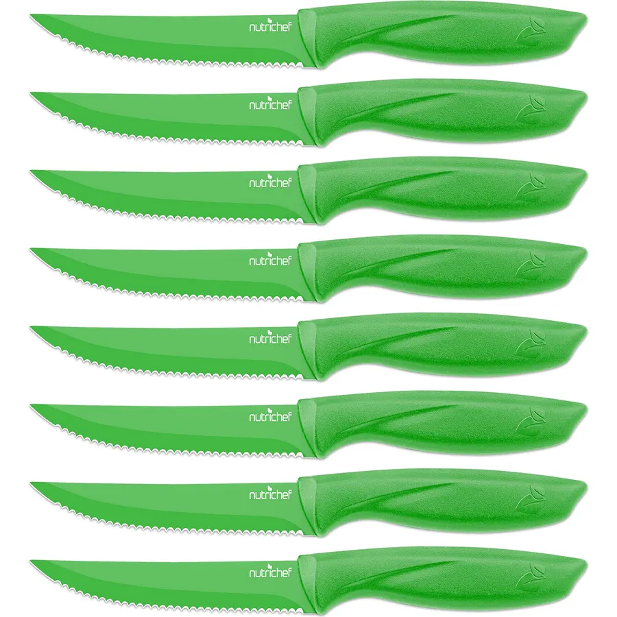 SereneLife Stainless Steel Knife Set, 8 Pcs. - Non-Stick Coating, Sharp Serrated Blades, Professional Kitchen Set, Rust-Resistant, Dishwasher Safe, Ideal for BBQ & Grilling, Green