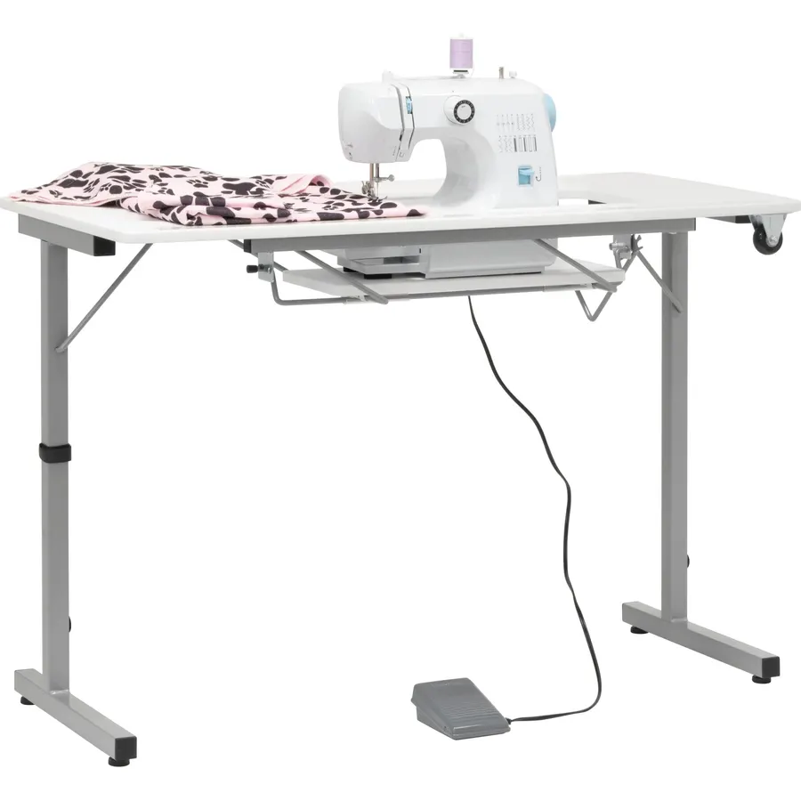 Sew Ready Portable Foldable Sewing Table, 40.5" Wide Top, Silver/White