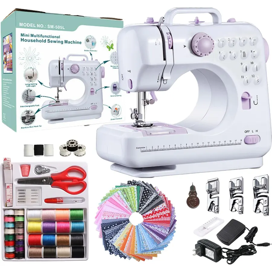 Stoigeld Portable Sewing Machine for Beginners with 20Pcs Fabric & 32Pcs Sewing Threads Kit,mini Sewing Machine with 12 Built-in Stitches & 2 Speed(High-Low Speeds)-SM-725