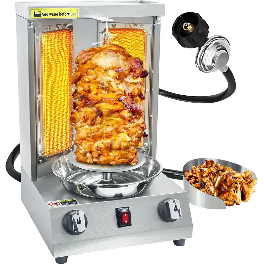 Shawarma Grill Machine Gas Vertical Rotisserie, 2-Burner Propane Doner Kebab Machine, 13 lb Gyro Meat Broiler with Auto-Rotating Skewer & Meat Shovel for Tacos Al Pastor, 110V