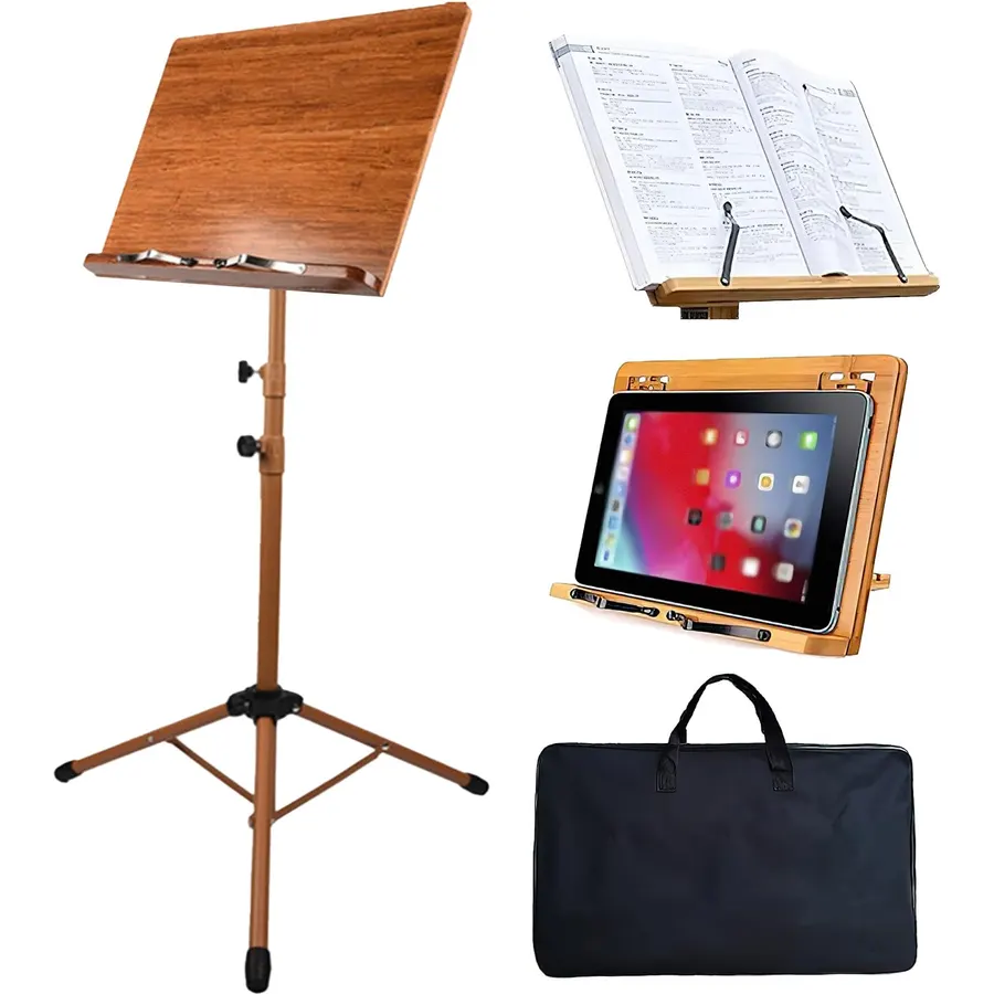 Sheet Music Stand - Portable Music Stand with Carrying Bag, Made of Wooden and Metal Build, Bamboo Conductor Podium Lectern Metal Stand Foldable with Adjustable Height & Angle for Home or Studio