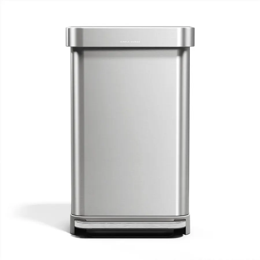 simplehuman Rectangular Step Can, 45L / 12 Gallon Kitchen Trash Can, Liner Rim System, Liner Pocket®, 150,000-Step Pedal, Lid Shox® Silent Close, Brushed Stainless Steel with Grey Plastic Lid