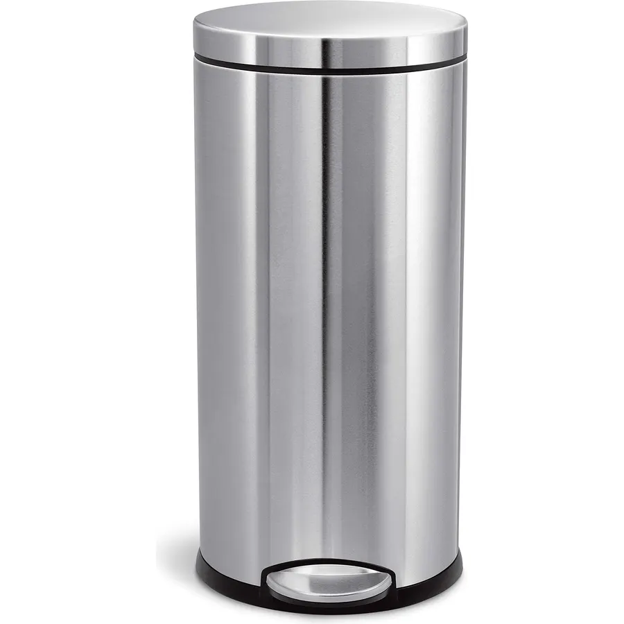 simplehuman Round Step Can, 30L / 8 Gallon Kitchen Trash Can, Iconic Round Shape, 150,000-Step Pedal, Lid Shox® Silent Close, Removable Inner Bucket, Brushed Stainless Steel