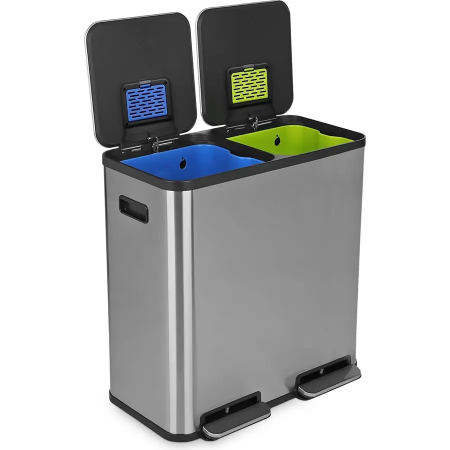 SIMPLI-Magic 21 Gallon (80L) Dual Compartment Kitchen Trash Can - Hands-Free Step Pedal, Soft-Close Lid, Stainless Steel Recycling Bin with Odor Filter (40L + 40L)