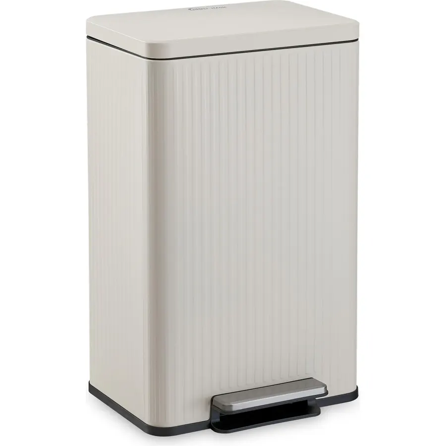 SIMPLI-MAGIC Fluted Kitchen Trash Can, 13 Gallon (50L), Soft-Close Lid, Hands-Free Foot Pedal, Removable Inner Bucket, Cream
