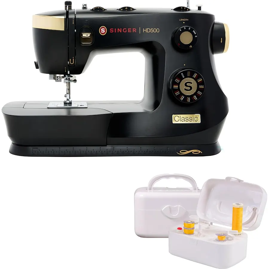 SINGER HD500 Classic Gold Mechanical Heavy Duty Sewing Machine - Metal frame with 110 Stitch Applications + SINGER | Bobbin Winder for Sewing Machines - for Class 15 and 15J Bobbins